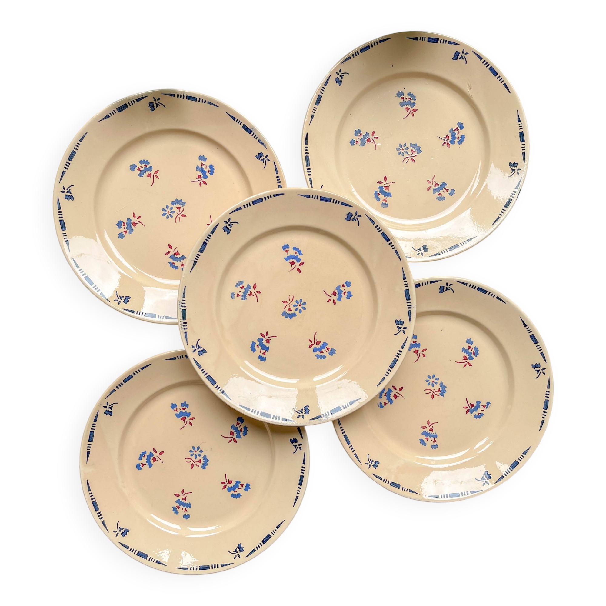 5 small vintage porcelain plates K&G Luneville "Flore" 1950s small blue flowers