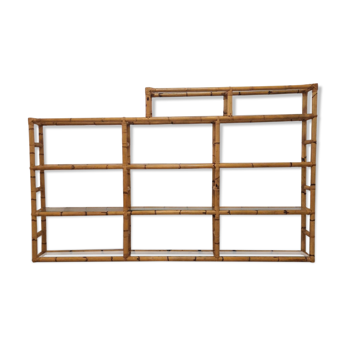 Bookcase, vintage bamboo shelf with glass shelves
