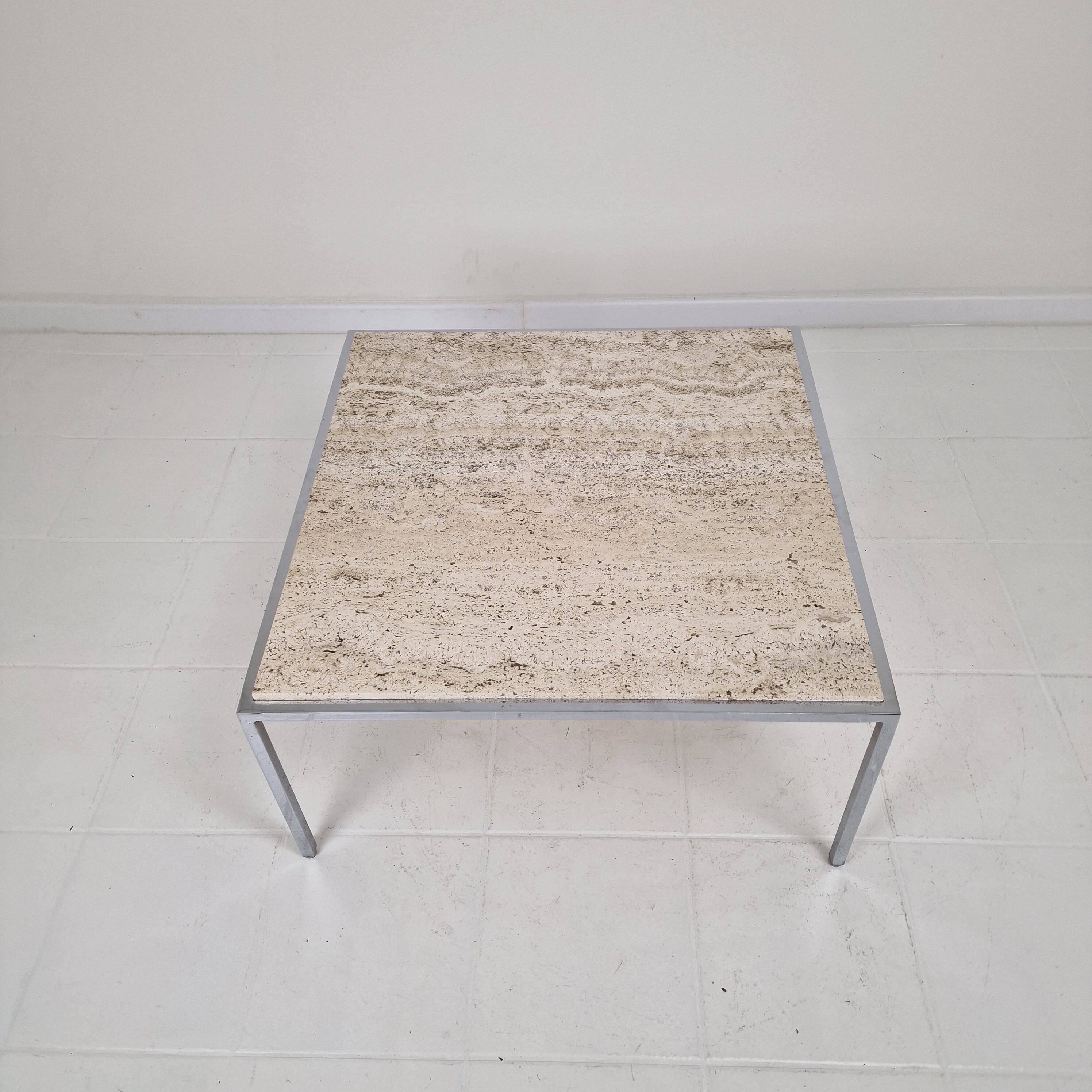 Italian Square Travertine Coffee Table with Steel Base, 1980's