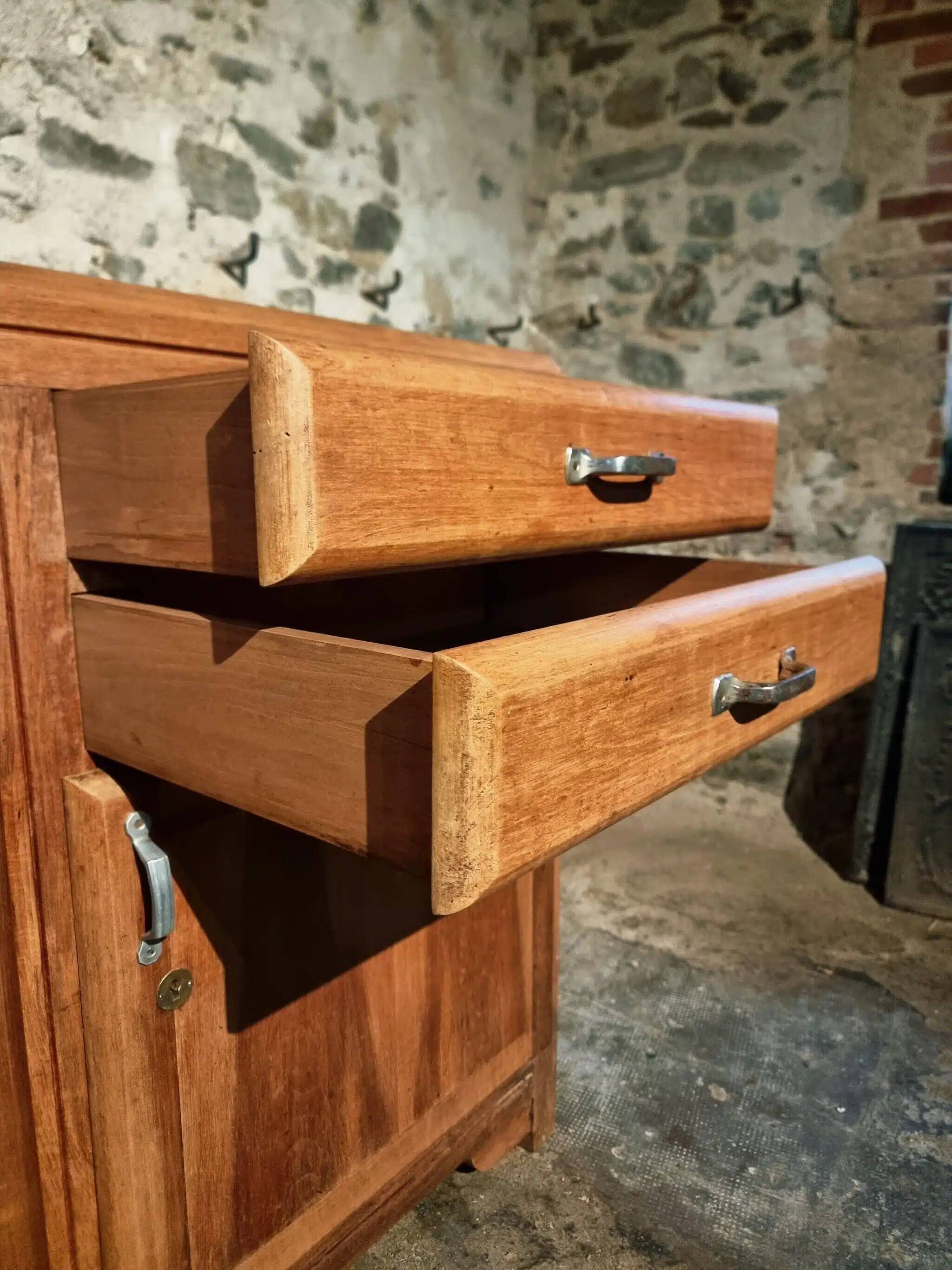 Vintage French 1930s walnut sideboard - two drawers, adjustable shelves, Art Deco style