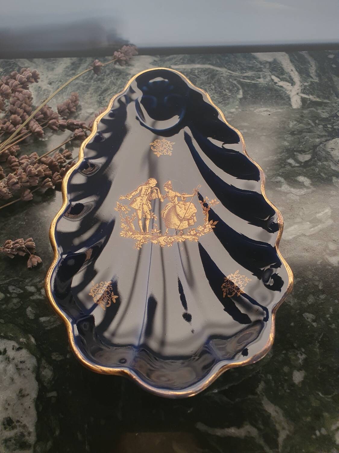 Indigo blue procelain shell trinket from Limoges, France.