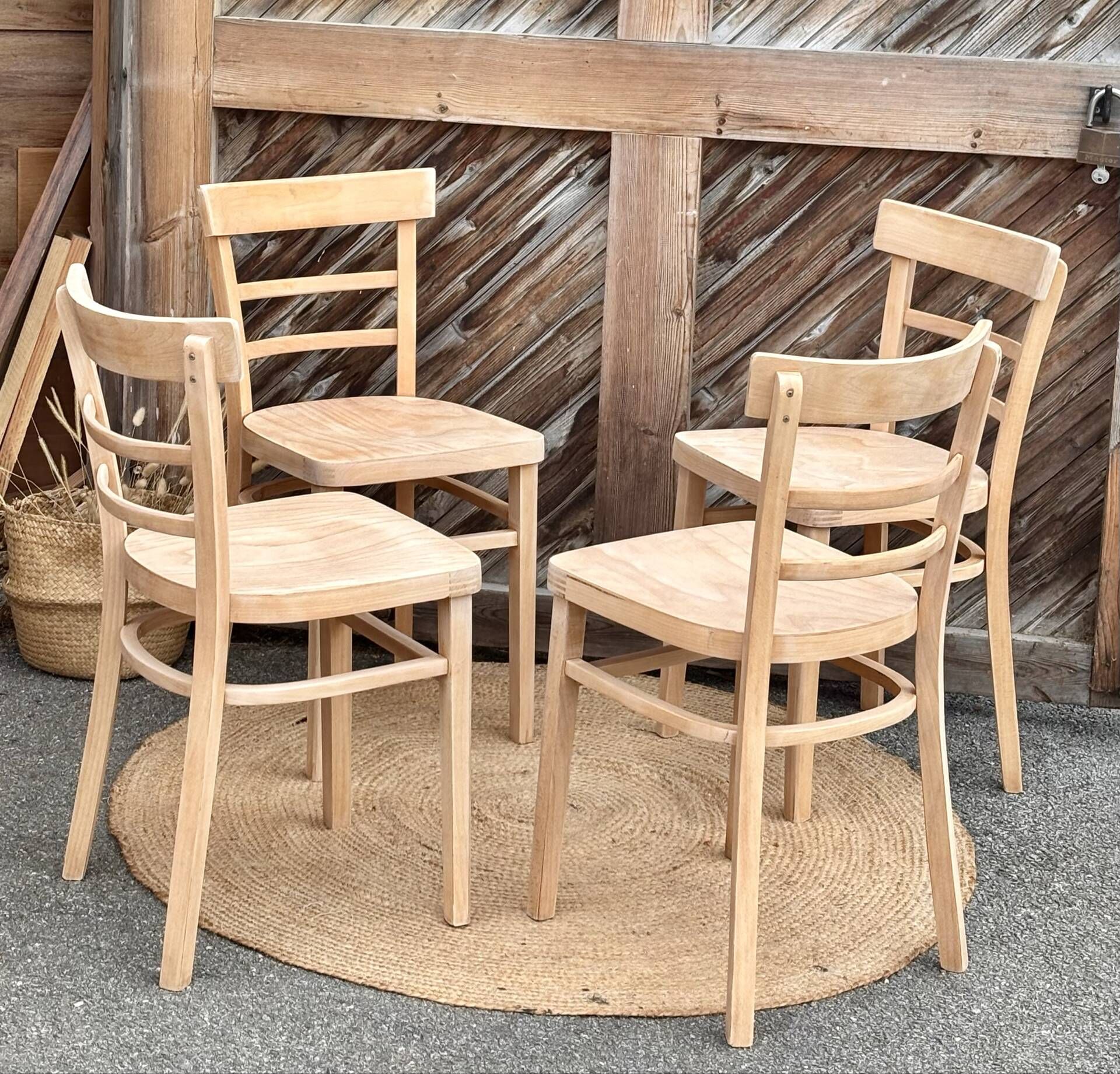 Set of 4 vintage bistro chairs in raw wood