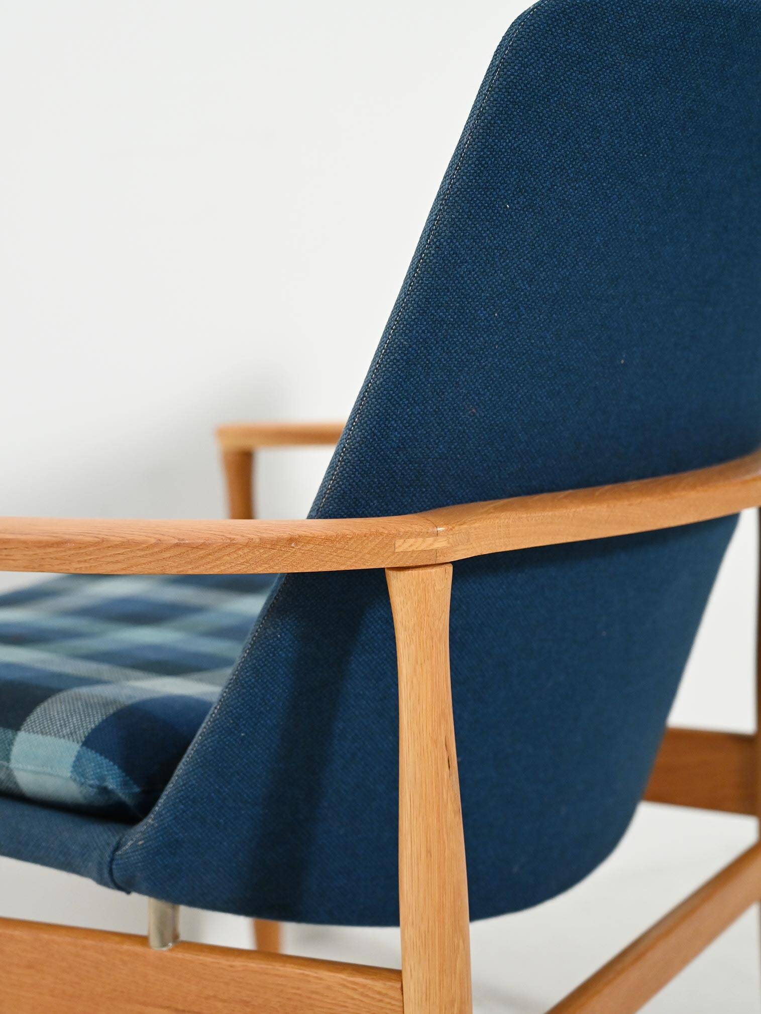 Scandinavian oak and blue wool armchair