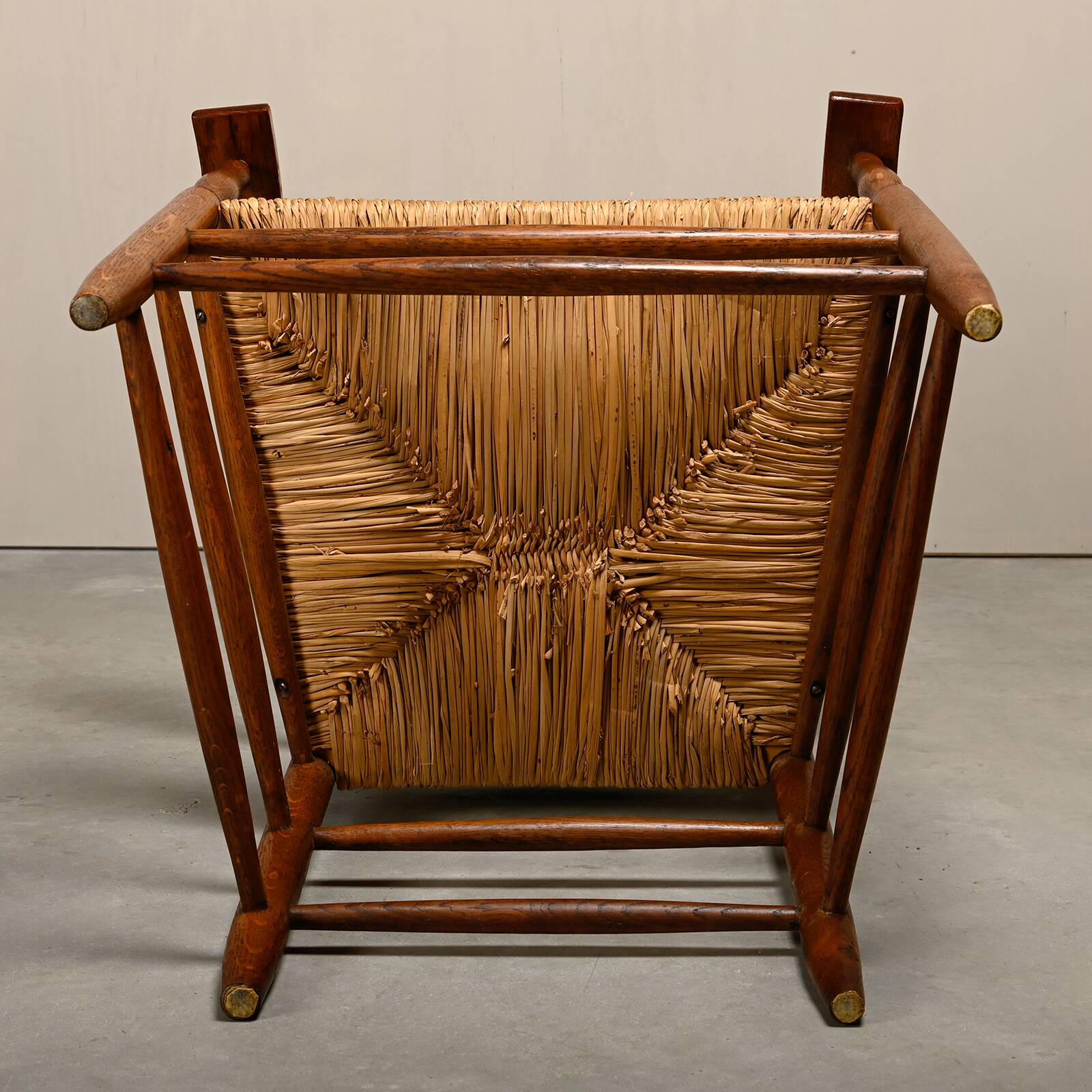 Rustic Armchair and Stool in stained oak and rush, France 1950s