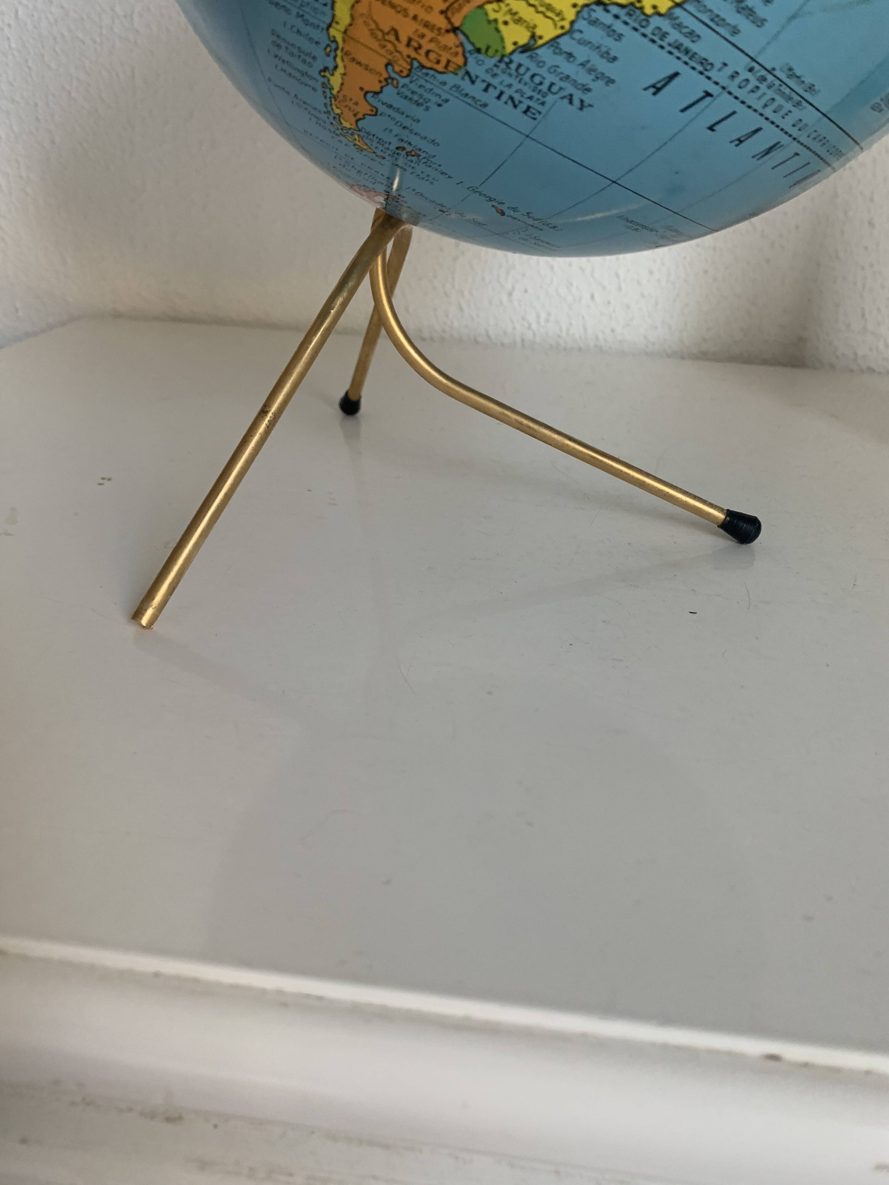 Vintage 1960s globe, Taride tripod, gold metal - 28 cm