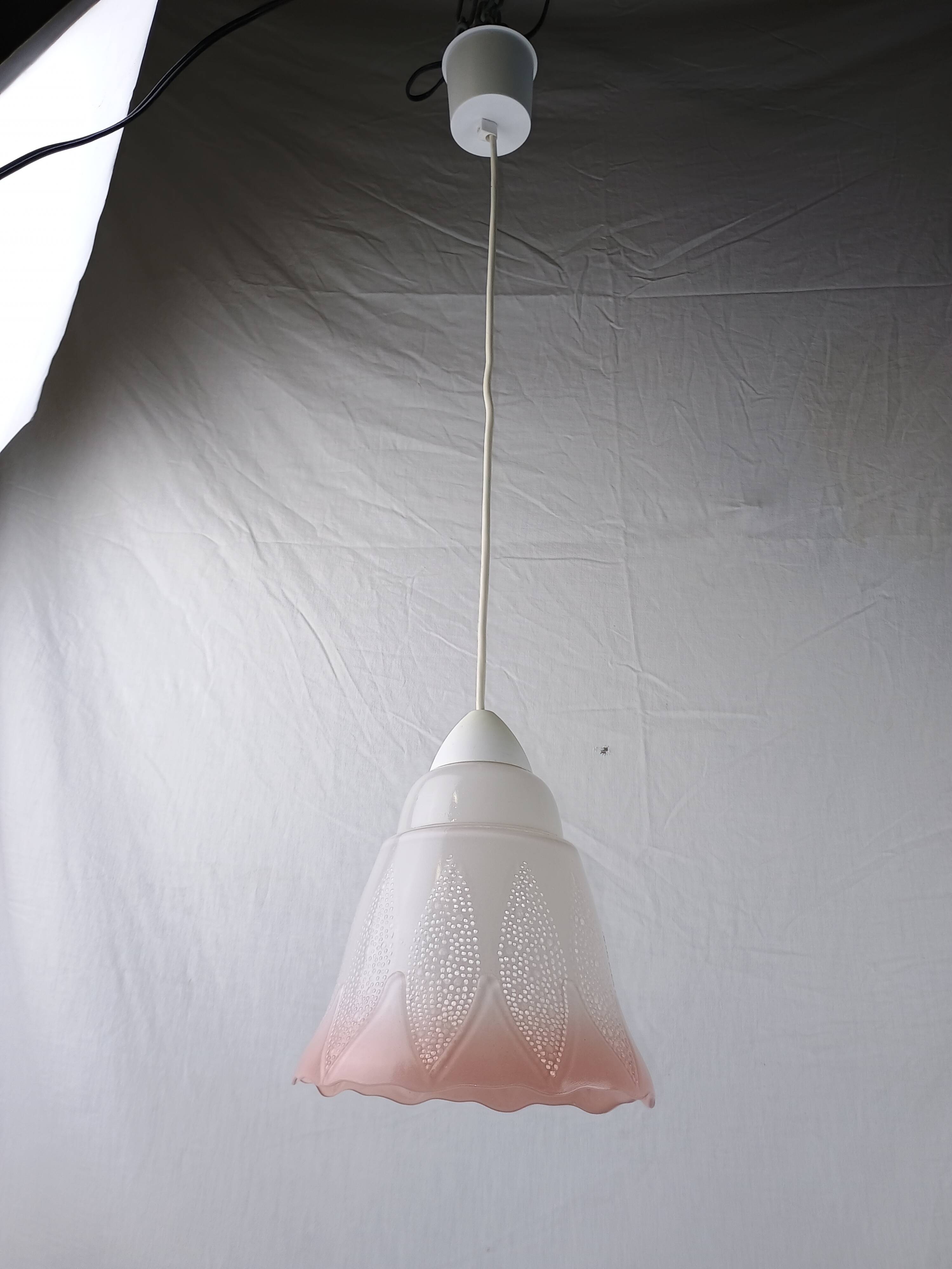 Mid-century white and pink glass suspension French vintage 1950