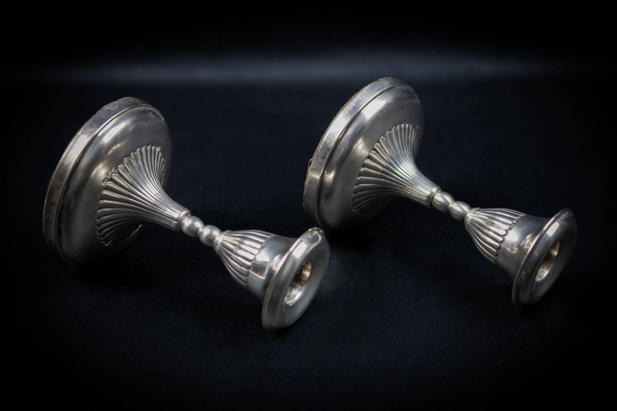Pair of Small Antique Silver Metal Candlesticks - Fluted Base