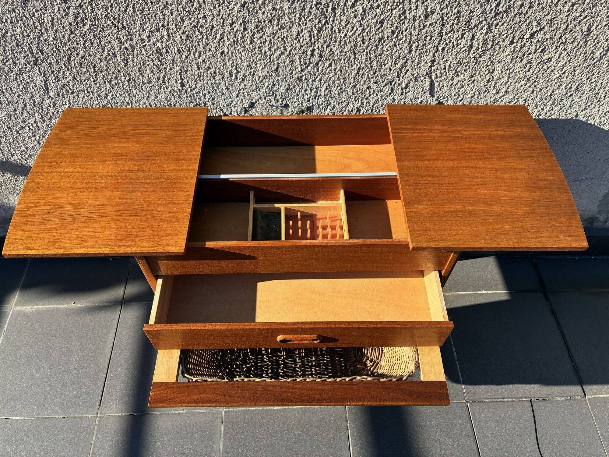 Danish teak sewing table with wicker basket, 1960s