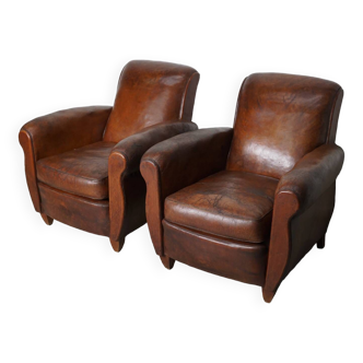 Pair of Vintage French Cognac Leather Club Chairs, Set of 2