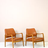 Pair of vintage Danish teak and leather armchairs
