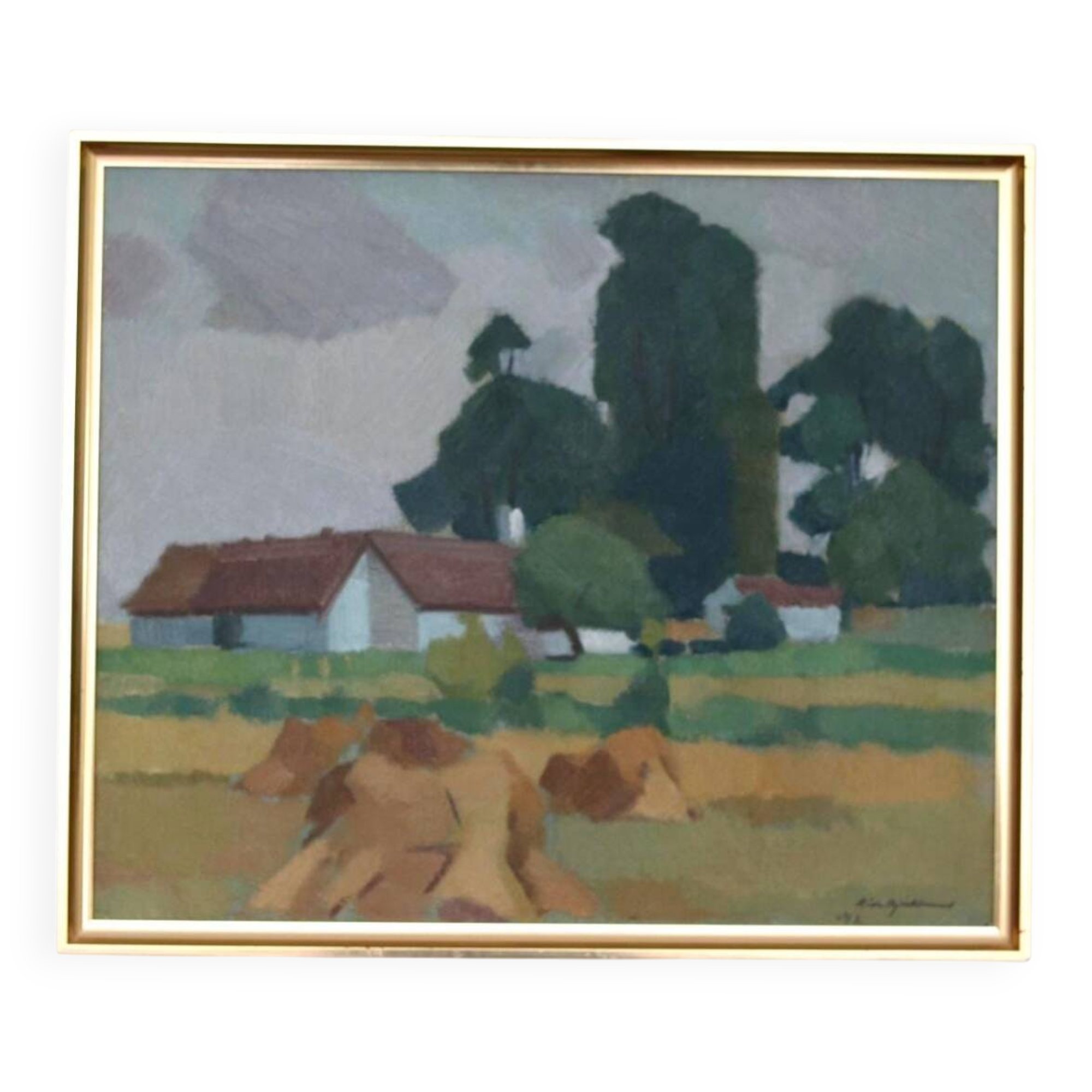 Mid Century Swedish Oil on Canvas – “Village” by Richard Björklund