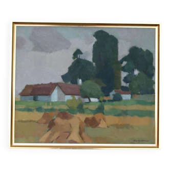 Mid Century Swedish Oil on Canvas – “Village” by Richard Björklund