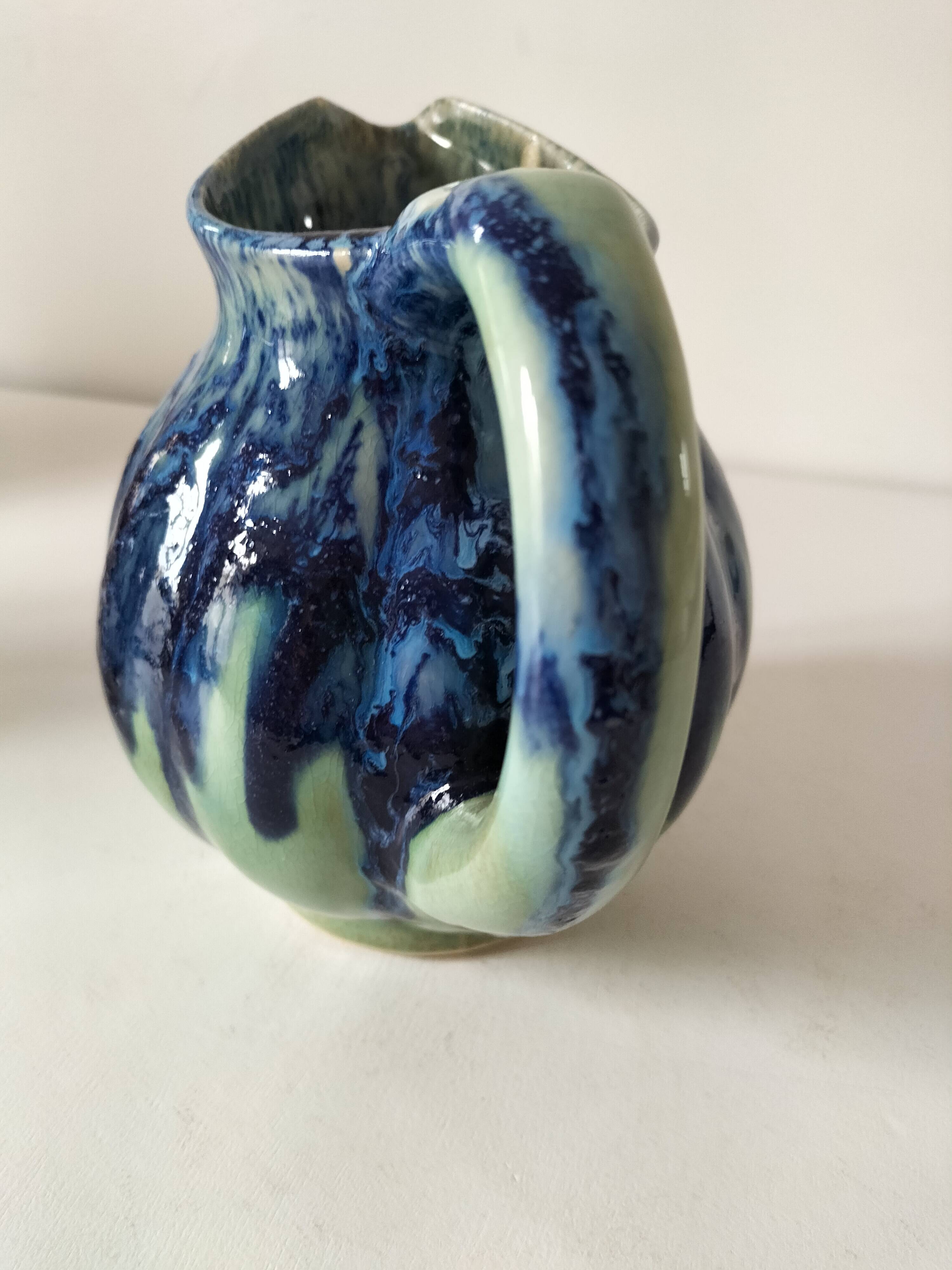 Pichet vernissé bleu et vert, vintage années 1970