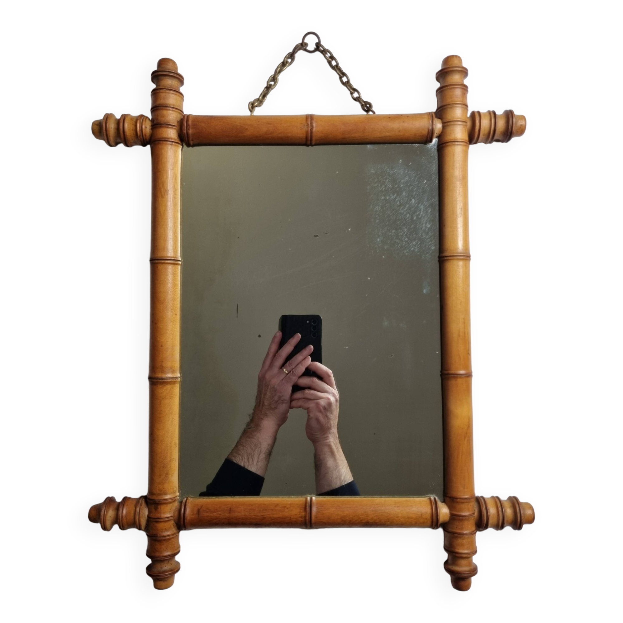 Miroir en bois tourné à l'imitation du bambou, des années 40-50, 42 x 49 cm