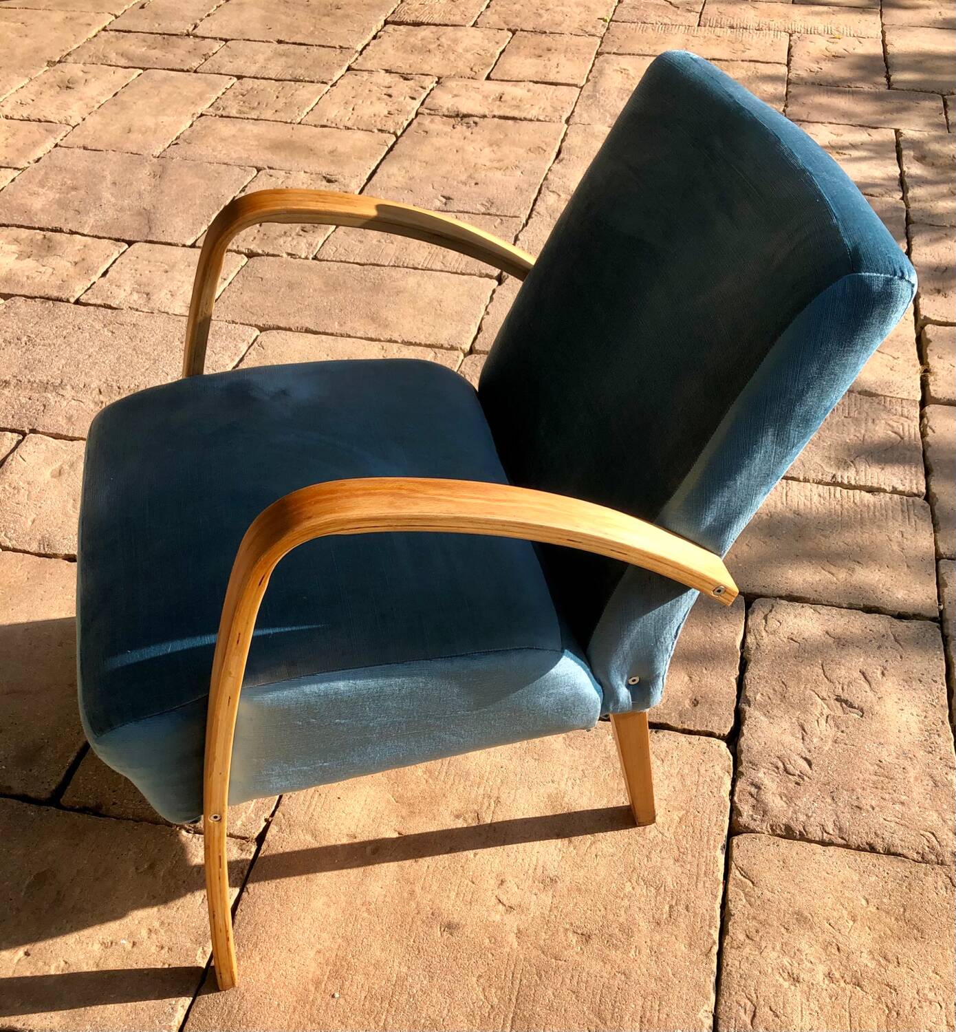 Wooden and blue fabric armchair, 1960