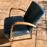 Wooden and blue fabric armchair, 1960