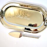 Vintage silver-plated foie gras platter with goose head decoration and serving spatula.