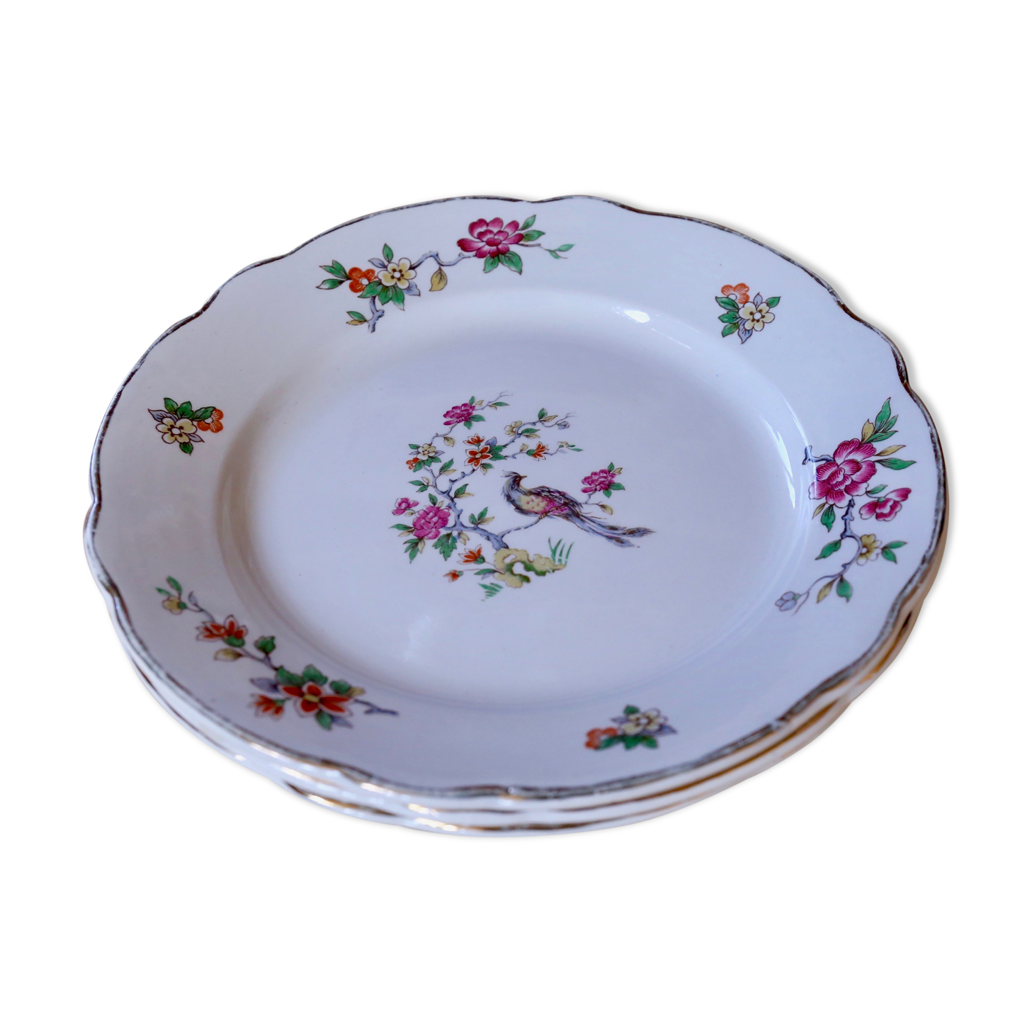 3 small plates vintage flowers and bird Digoin and Sarreguemine