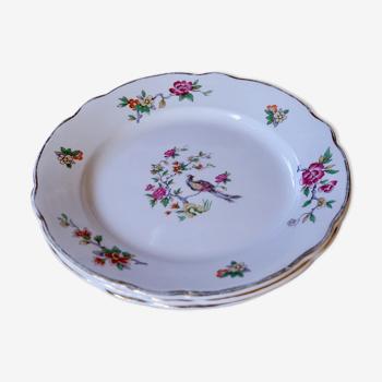3 small plates vintage flowers and bird Digoin and Sarreguemine
