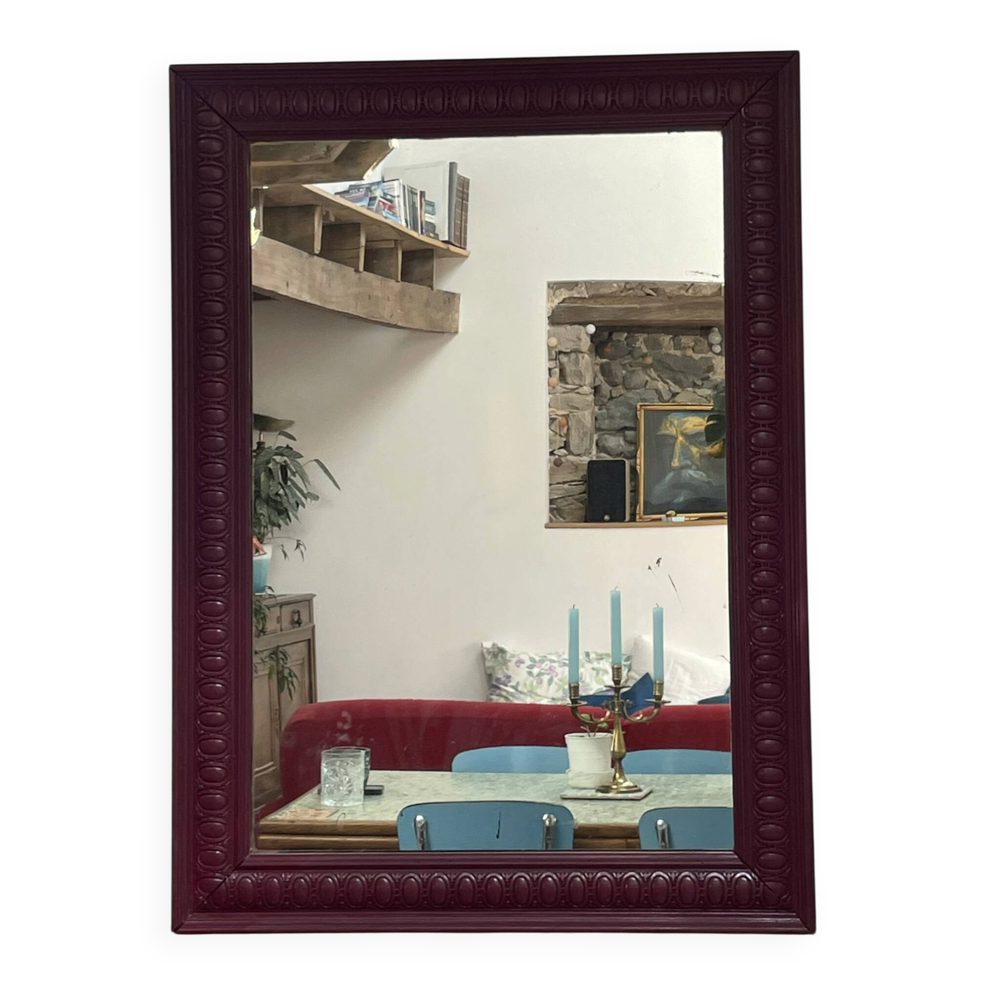 Large antique moulded mirror in wine red / plum (101 x 74 cm)
