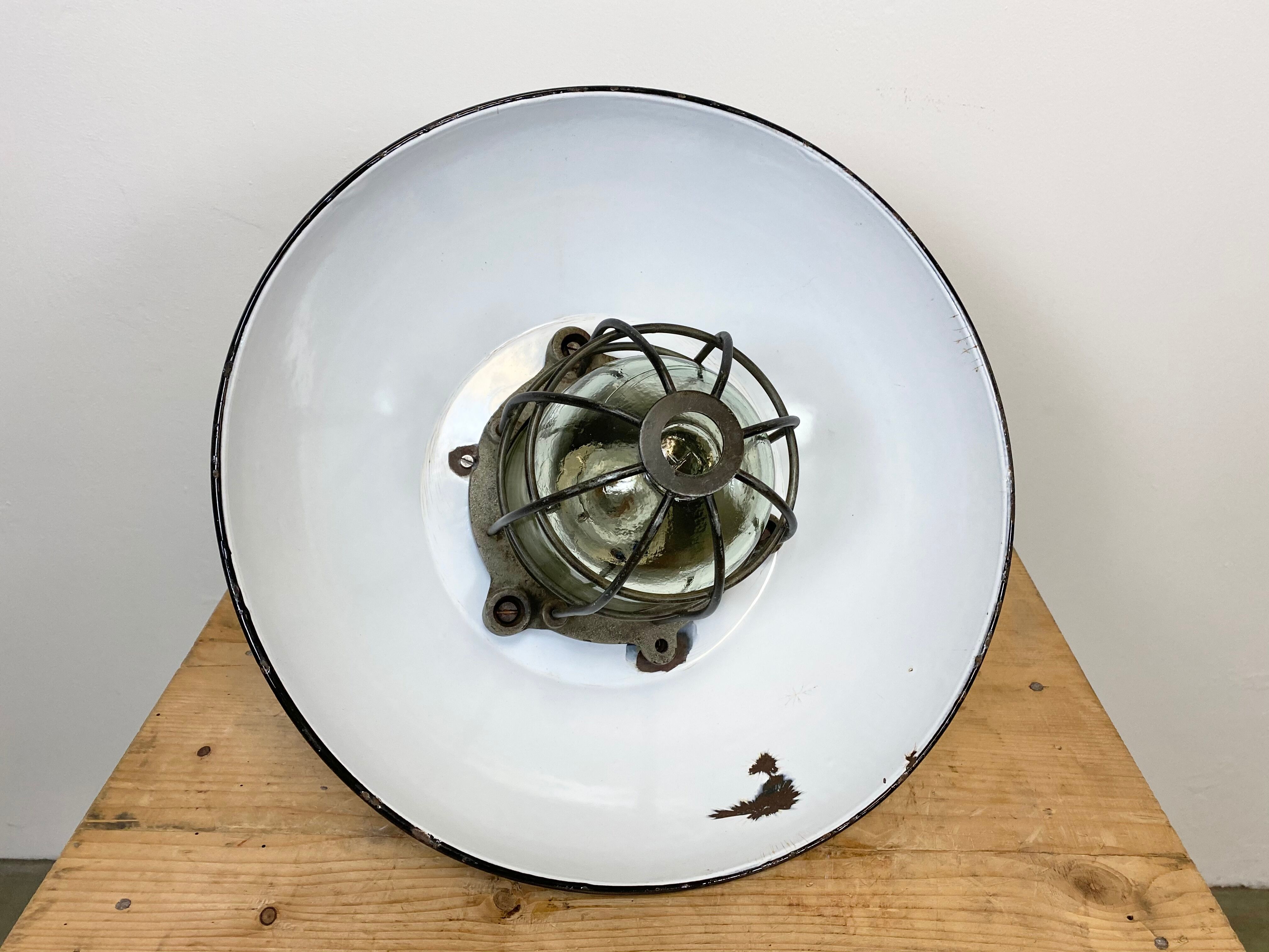 Black enamel and cast iron industrial cage pendant lamp, 1950