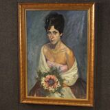 Tableau portrait d'une dame au bouquet de fleurs du 20ème siècle