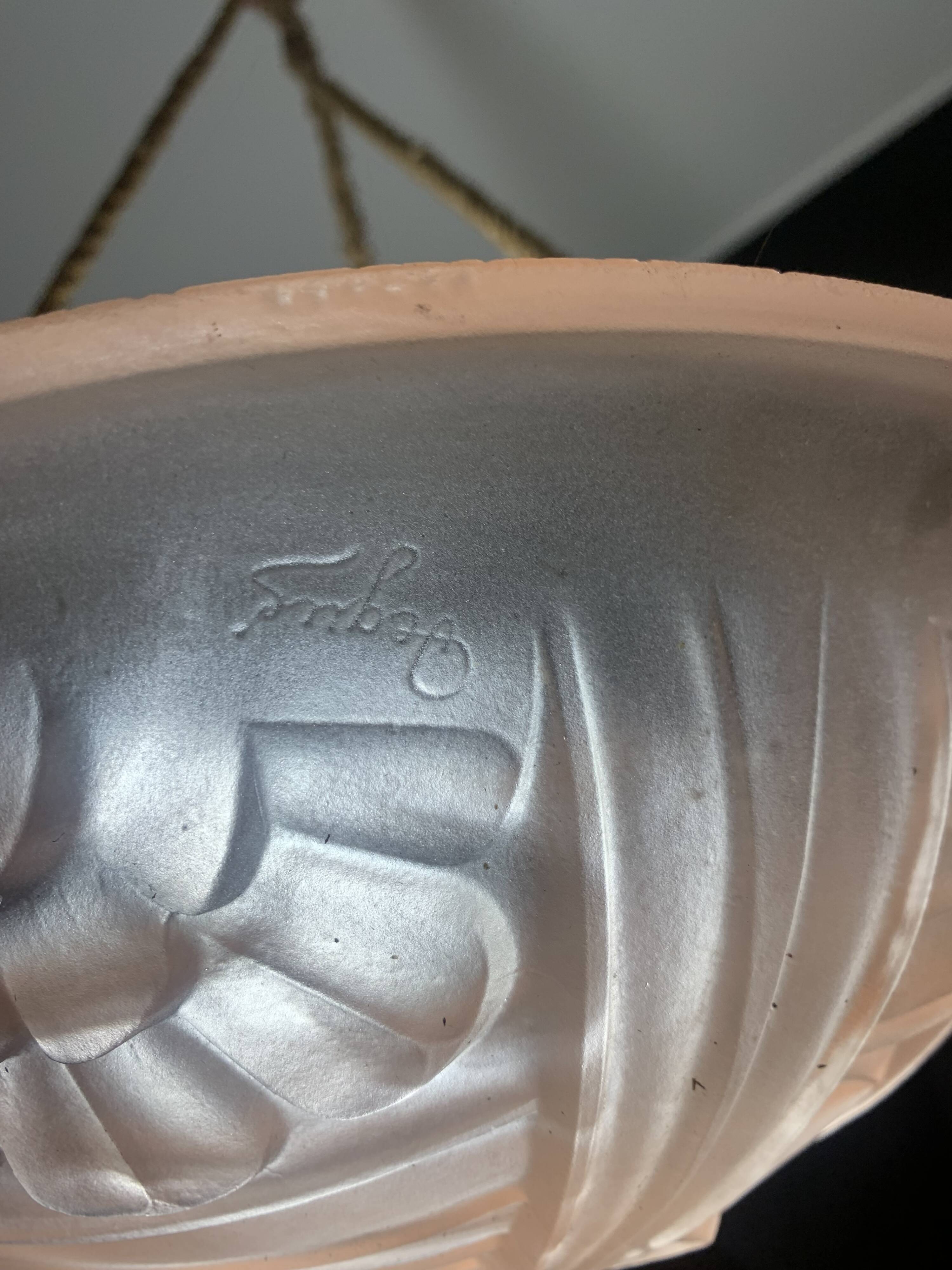 Art Deco Suspension Lamp in Pastel Pink Frosted Glass Signed Degué France 1930s