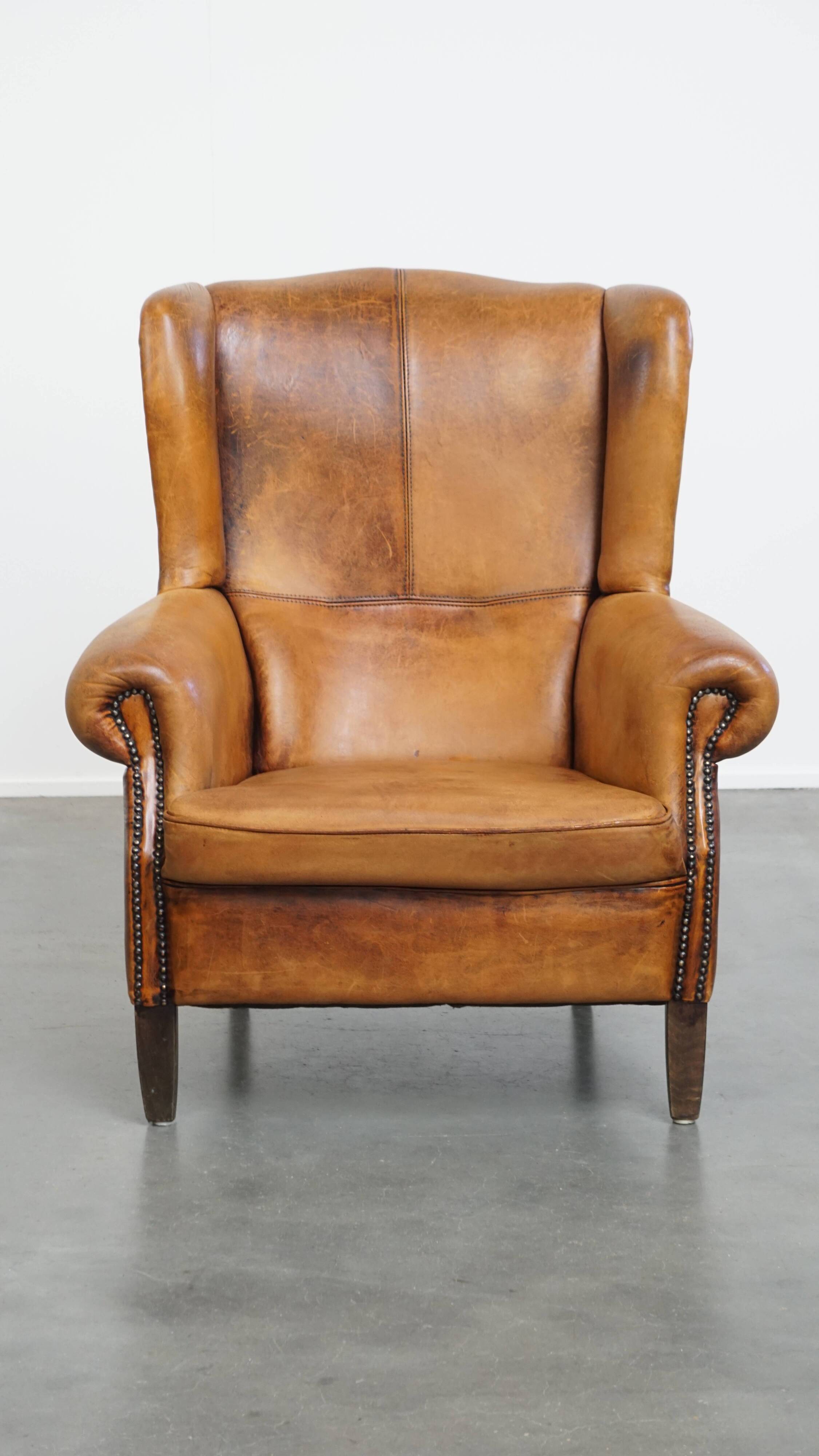 Vintage Wingback Chair Made from Sheepskin Leather