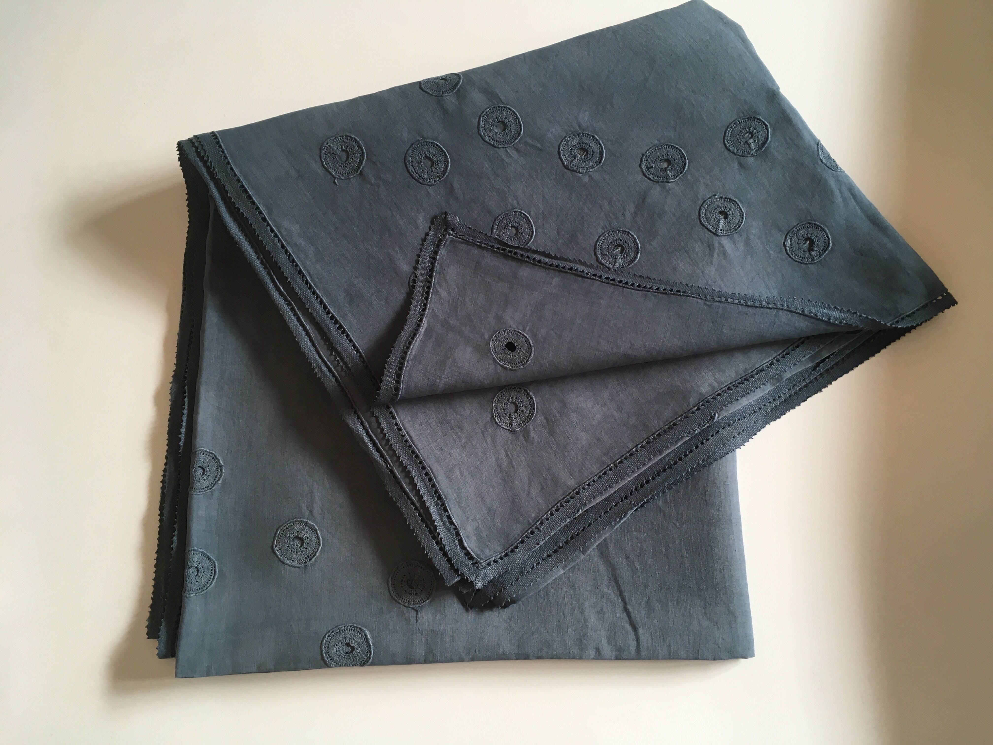 Hand embroidered linen tablecloth, 60's, 3.10m