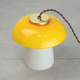 Mid-century yellow glass and brass mushroom table lamp