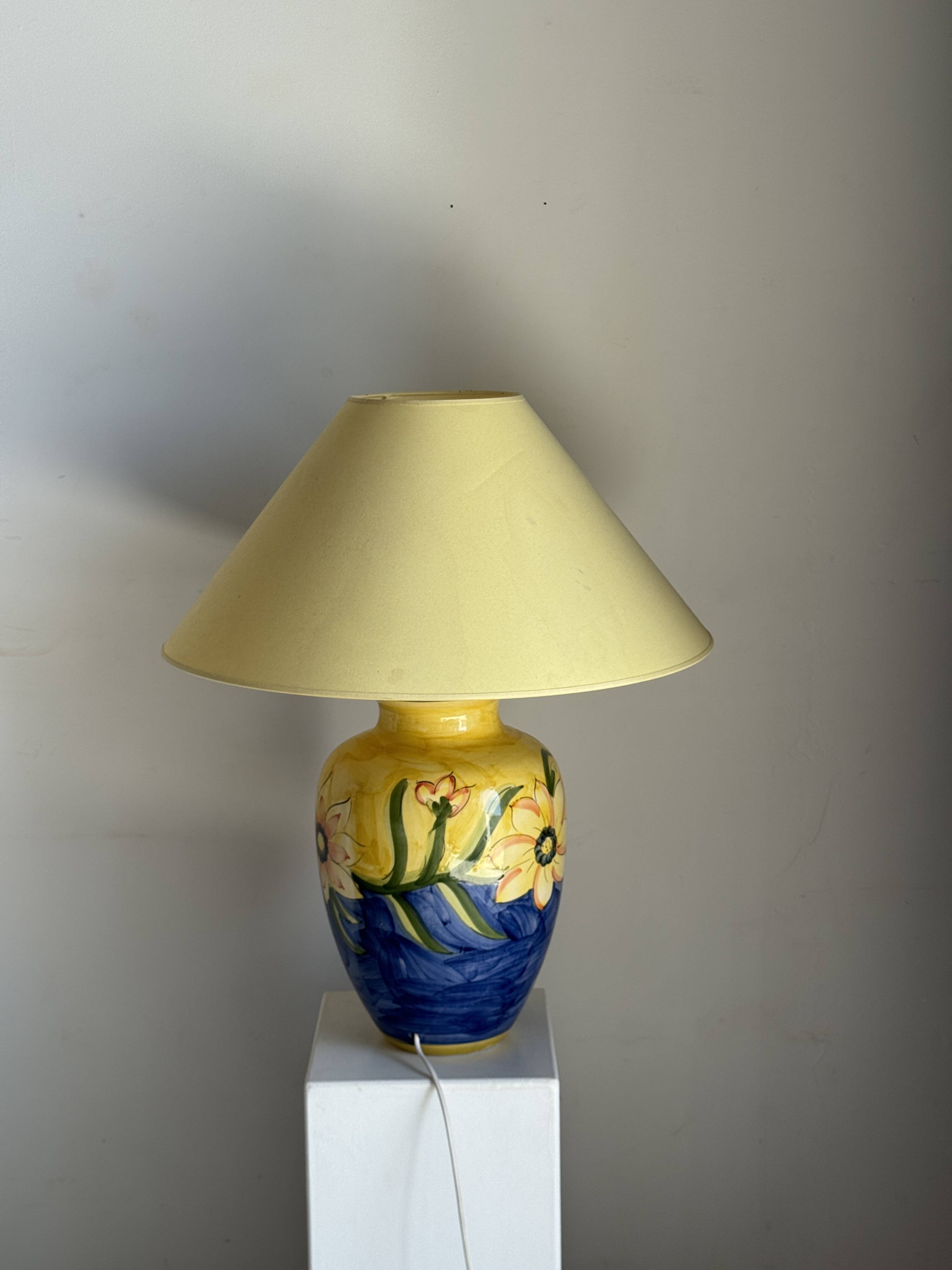 Large blue and yellow lamp with floral patterns H60