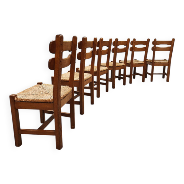 Chaises de salle à manger brutalistes en jonc vintage 1970