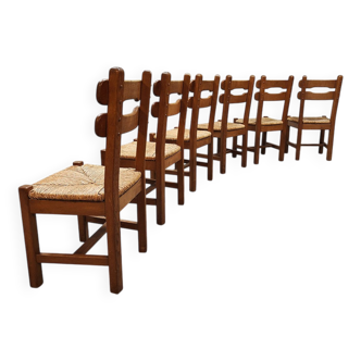 Chaises de salle à manger brutalistes en jonc vintage 1970
