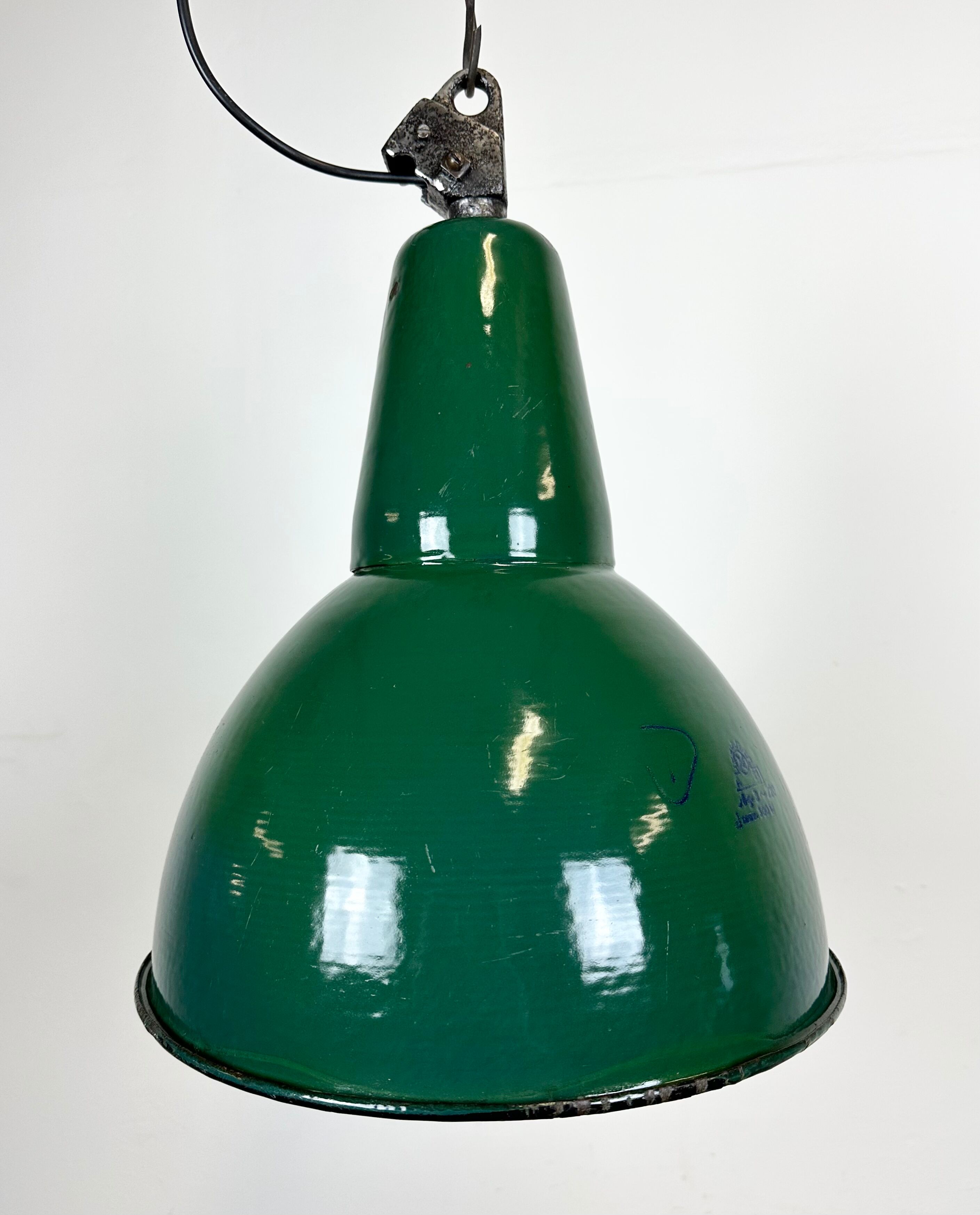 Industrial green enamel factory lamp with cast iron top, 1960s