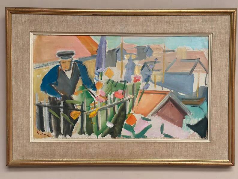 Swedish Original Oil on Canvas – "Figure Near a Flower Fence" by Carl Gunne – Signed – Vintage and Framed – 69.5 × 48 cm (27.4" × 18.9")