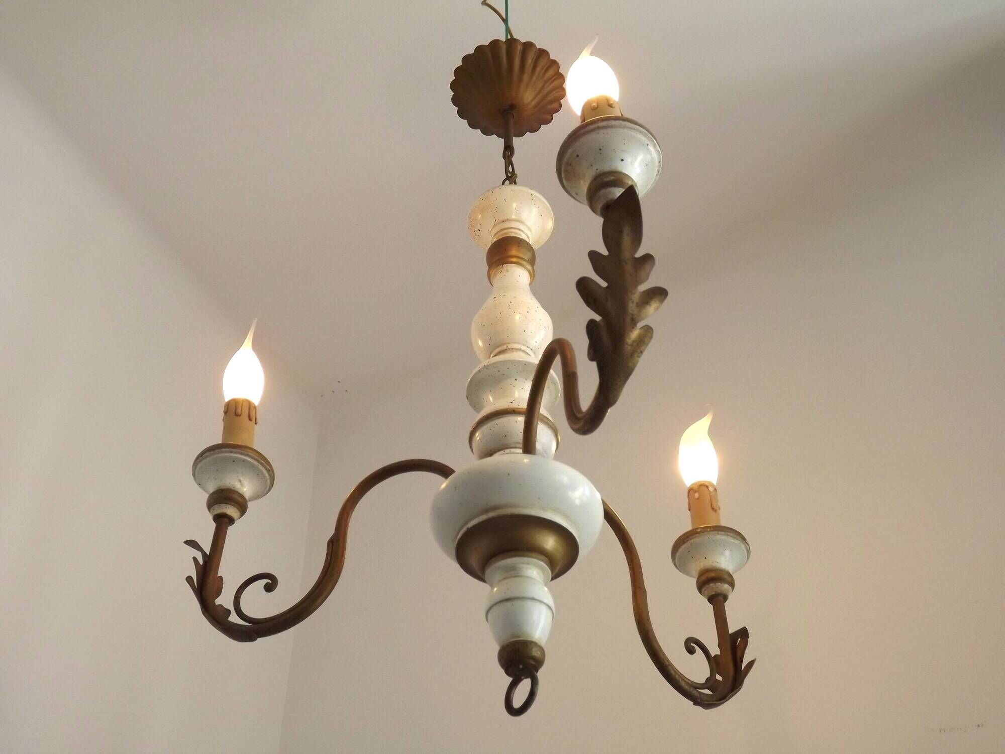 Vintage French 3-Light Chandelier White Wood & Bronzed Effect Metal