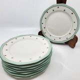 Limoges porcelain plates with green border and gold and blue flower decoration, French set of 8