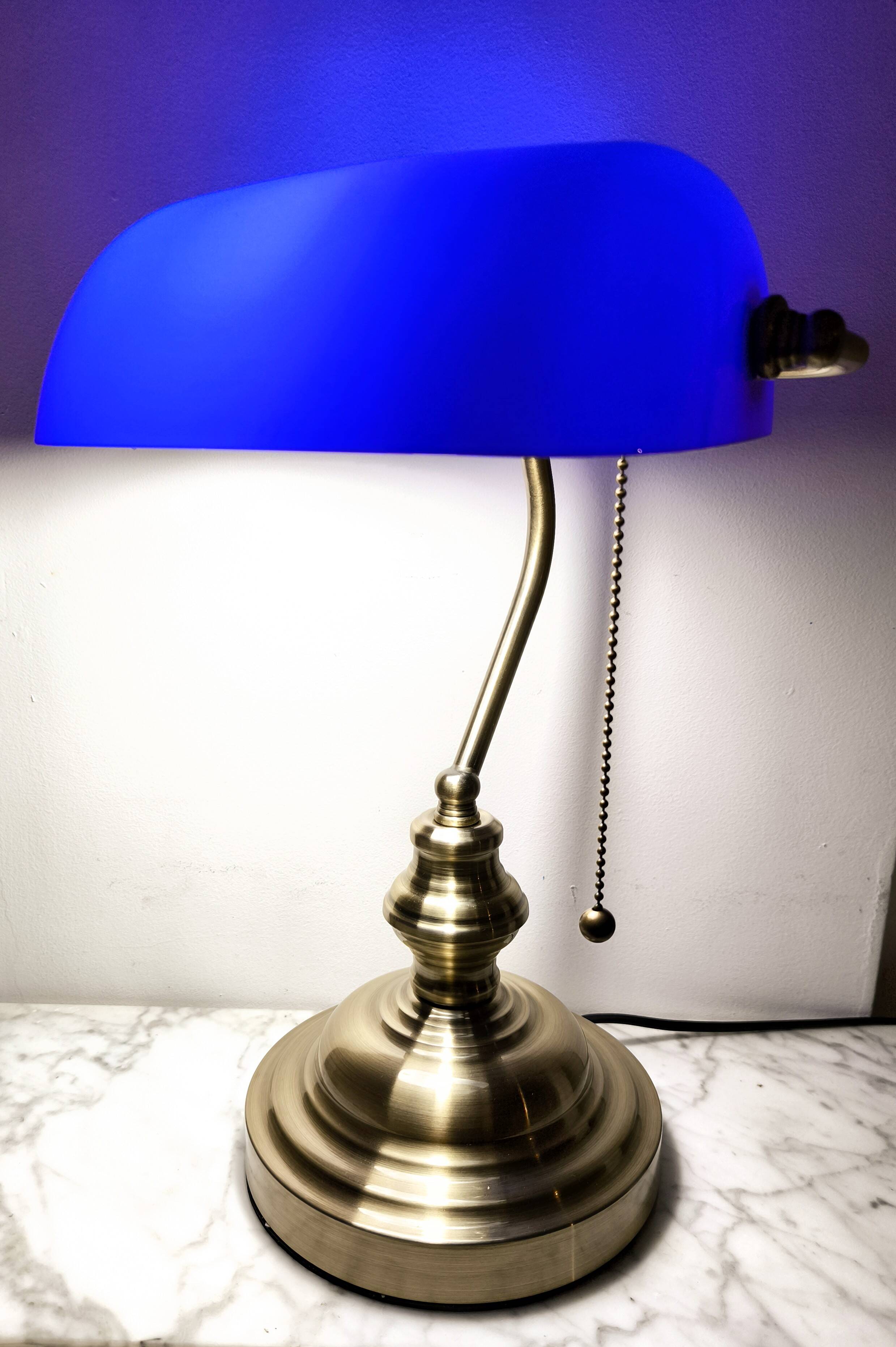 Lampe de banquier vintage en cristal bleu années 80