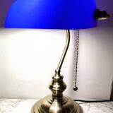Lampe de banquier vintage en cristal bleu années 80