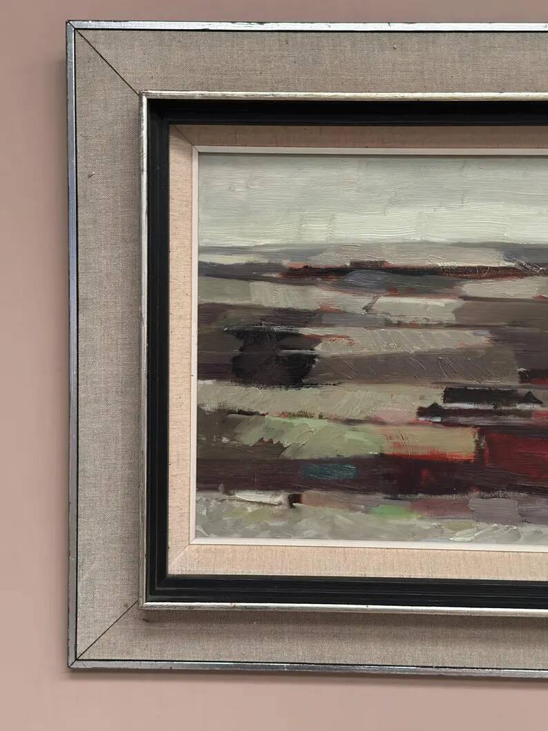 Original Swedish Oil on Panel – “Field Patches” by Evert Färhm (1901–1971) – Signed – 1968 – Vintage & Framed – 61 × 53 cm (24" × 20.9")