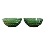 2 bols vintage en verre moulé vert facetté