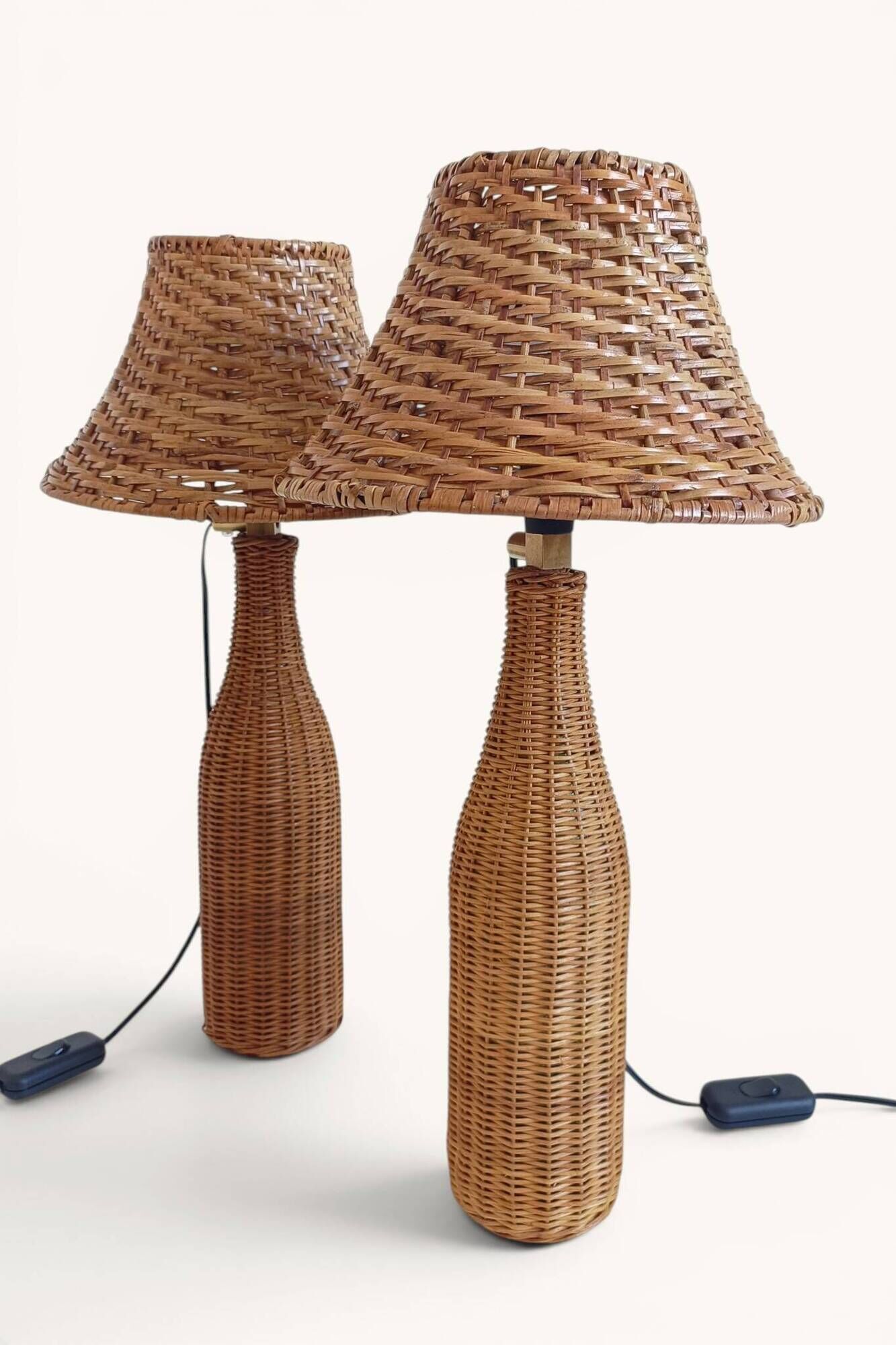 Pair of Table Lamps in Handwoven Wicker and Rattan, France, 1960s