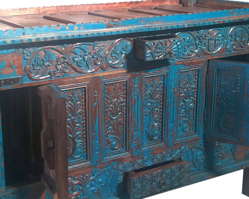 Damchaya Chest Blue Original Piece Old Teak with Secrets 150x108x65cm