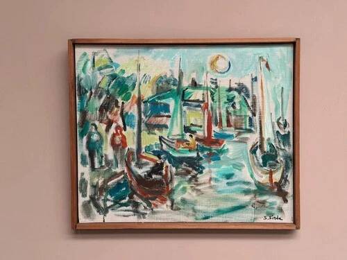 Original Swedish Oil on Canvas" Harbor" By Sven Sinde, Vintage & Framed 47×38cm