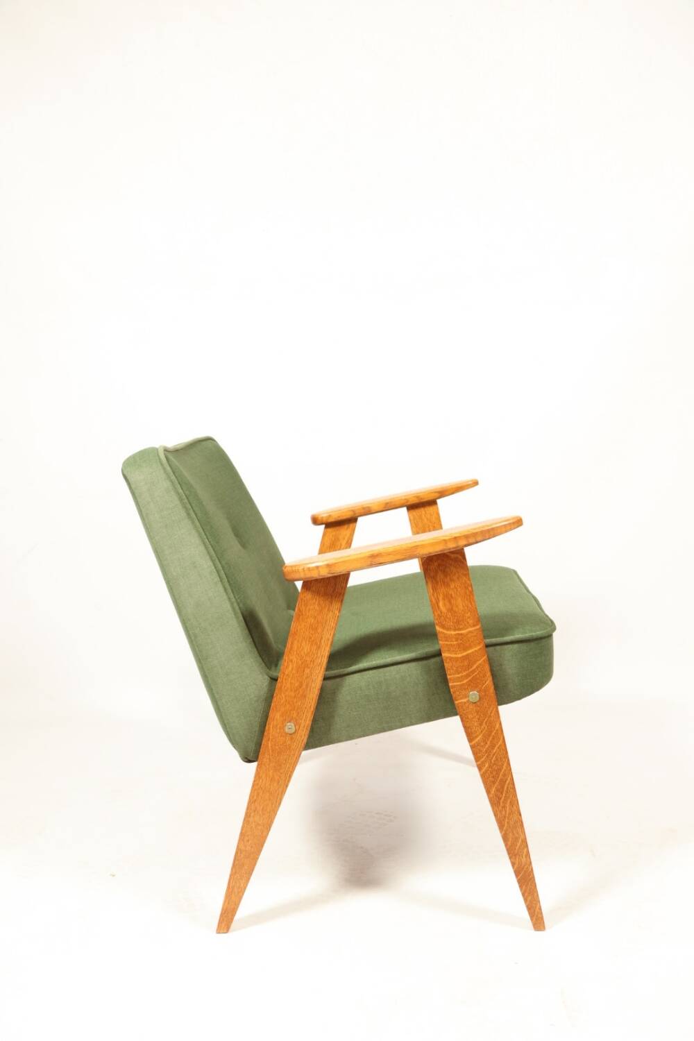 Fauteuil vintage moderne chêne clair vert royal 1962 design par Chierowski