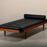 Scandinavian Daybed in Teak and Black Leather attributed to Horsens Møbelfa