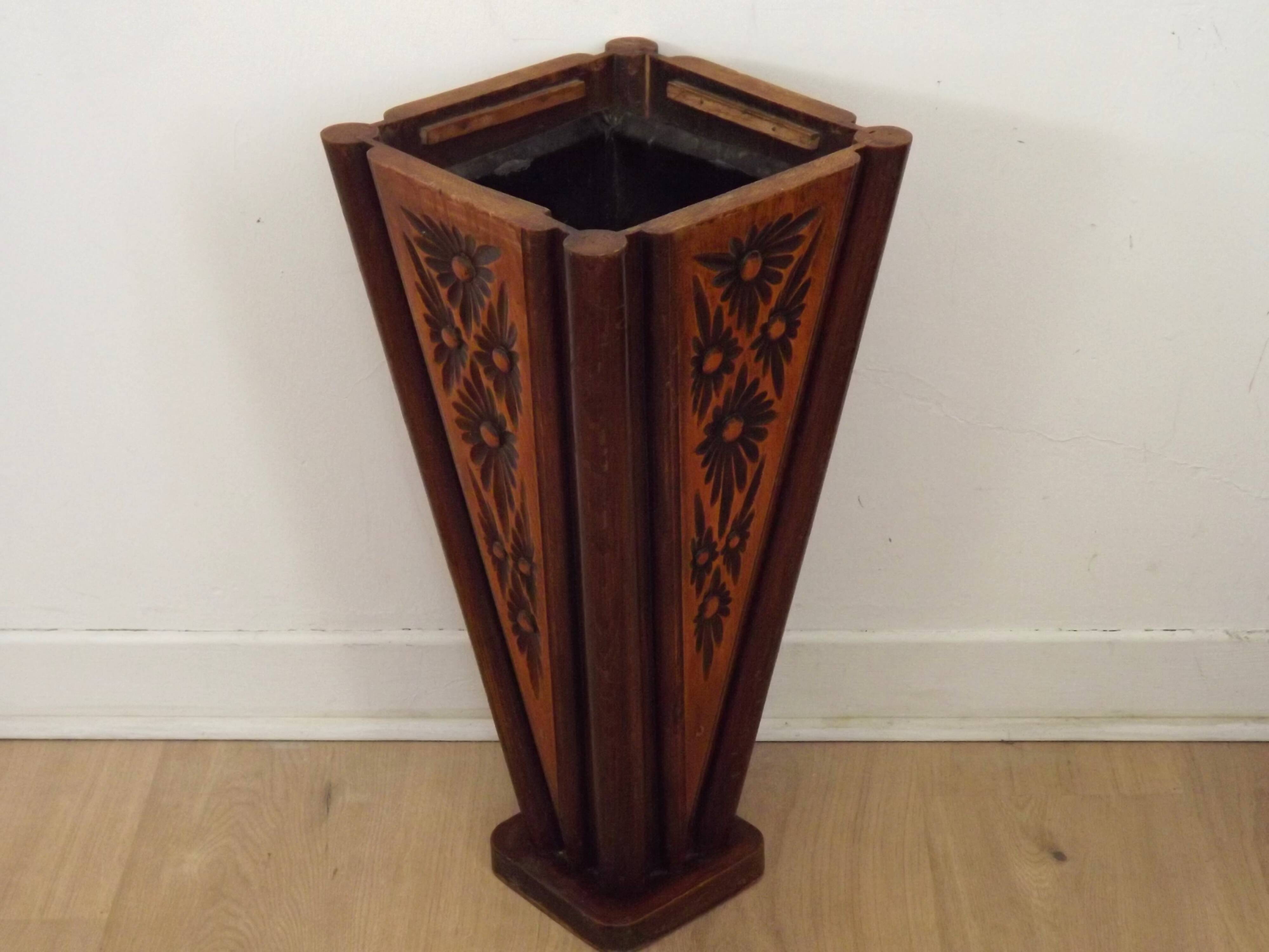French antique oak tin-lined hand-carved umbrella stand with flower decoration.