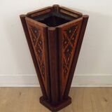 French antique oak tin-lined hand-carved umbrella stand with flower decoration.