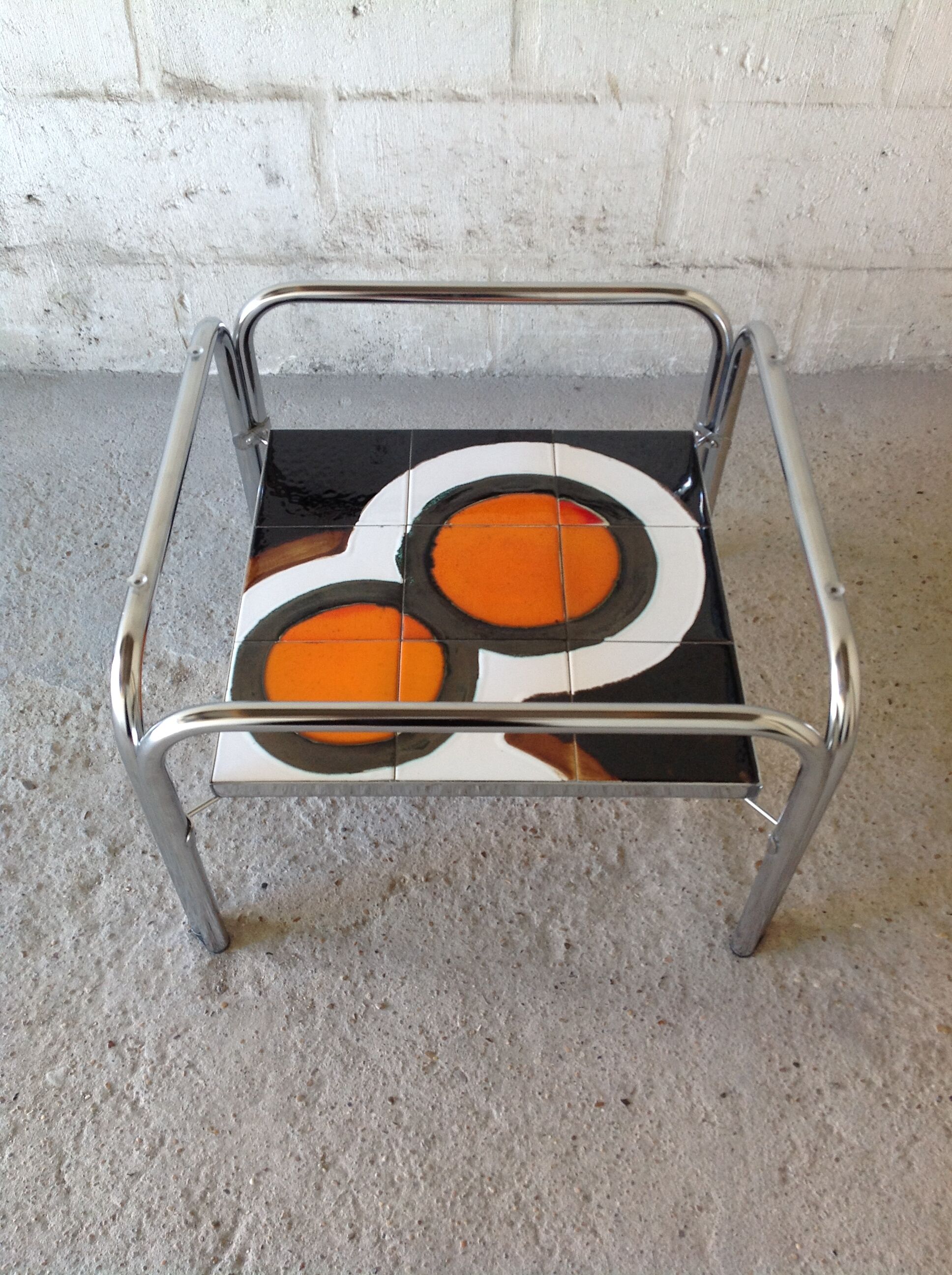 Table basse vintage verre fumé, céramique années 70