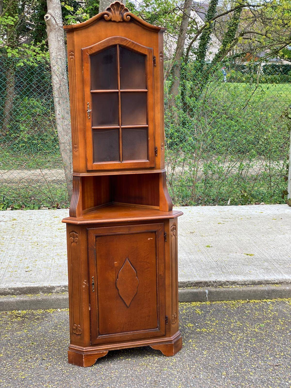 Vitrine d'angle 2 corps encoignure anglaise victorienne en bois